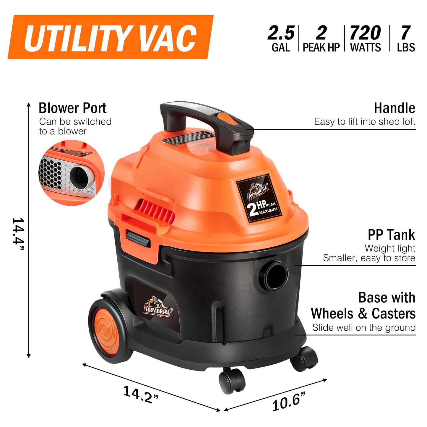 Armor All AA255W 2.5 Gal 2 Peak HP Wet/Dry Utility Vac Orange/Black 🍁 All In One Marketplace Canada