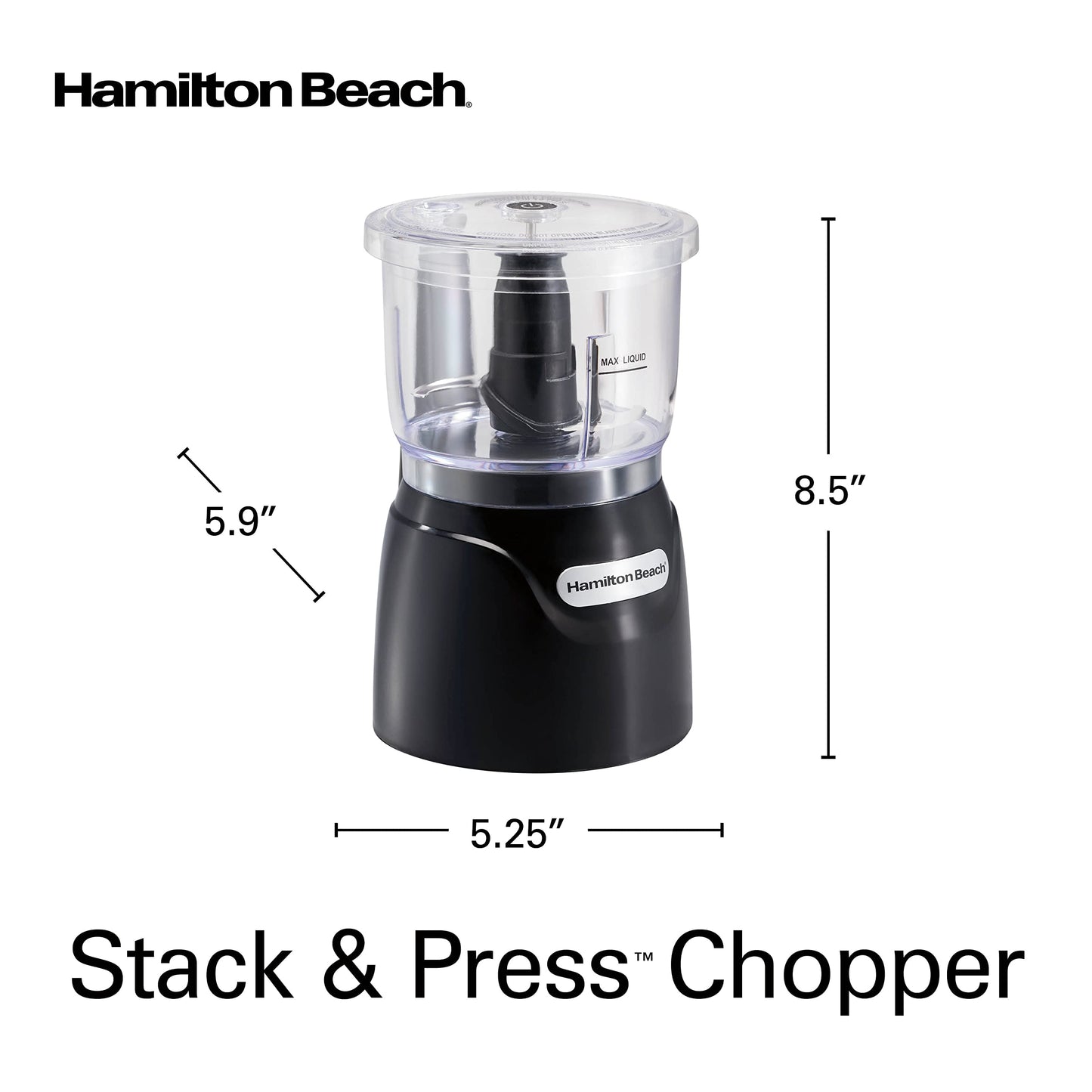 Hamilton Beach Stack & Press Food Chopper & Mini Food Processor, 350 Watts, 3 Cup Bowl, Stainless Steel Blades, for Chopping, Puree & Emulsify, Black, 72850G - Available at All In One Marketplace Canada