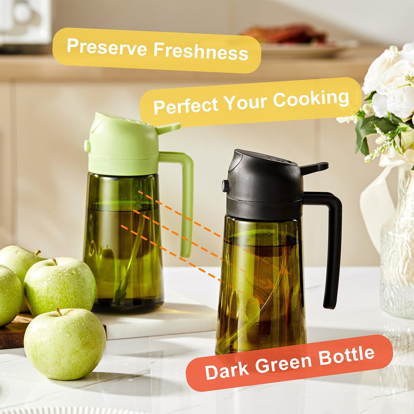 CXINYI 16oz/470ml Olive Oil Dispenser Bottle with Stickers - 2 in 1 Olive Oil Spray Bottle, Air Fryer & Salad, Light-Proof Glass Kitchen Gadgets, Black&Green - Available at All In One Marketplace Canada