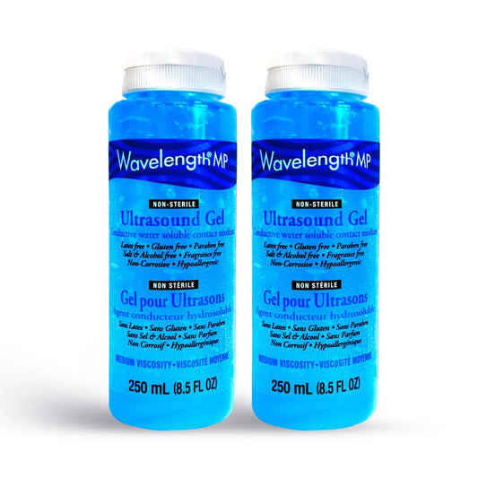 Wavelength® MP Multi-Purpose Ultrasound Gel. Hypoallergenic, Non-Greasy, Premium-Quality. For Ultrasound, Physiotherapy, Cavitation & Aesthetic Devices. Made in Canada. Transmission Gel. 250ml Bottles. (Blue 250ml x 2)