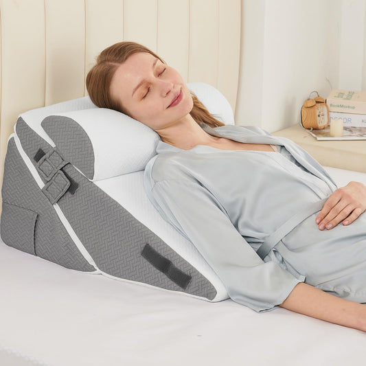 Sasttie Wedge Pillows for Adult, 2PCS Adjustable Bed Wedge Pillow for Post Surgery, Triangle Pillow Headboard with Bolster Cushion for Sleeping, Acid Reflux, Neck & Back Support, White and Dark Grey - Available at All In One Marketplace Canada
