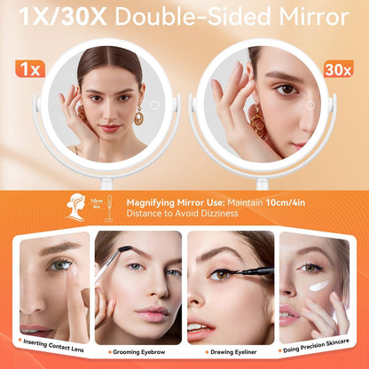 Auxmir 30X/1X Magnifying Mirror with Light, Double-Sided Makeup Mirror with Storage Base&Touch Control, Rechargeable Vanity Mirror with 360°Rotation for Dressing Table Bathroom Bedroom Travel - Available at All In One Marketplace Canada