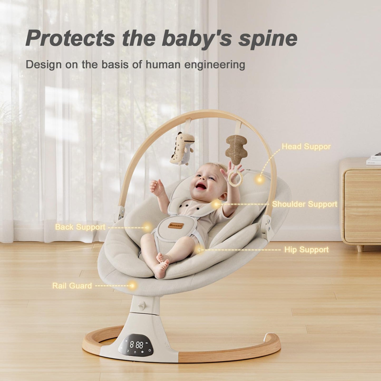 Baby Swings for Infants, Monamii Baby Swing, Bluetooth Infant Swing with Music Speaker, 5 Speeds and Remote Control, Electric Swing for Baby, Portable Baby Swing, Indoor & Outdoor Use (Light Beige) - Available at All In One Marketplace Canada