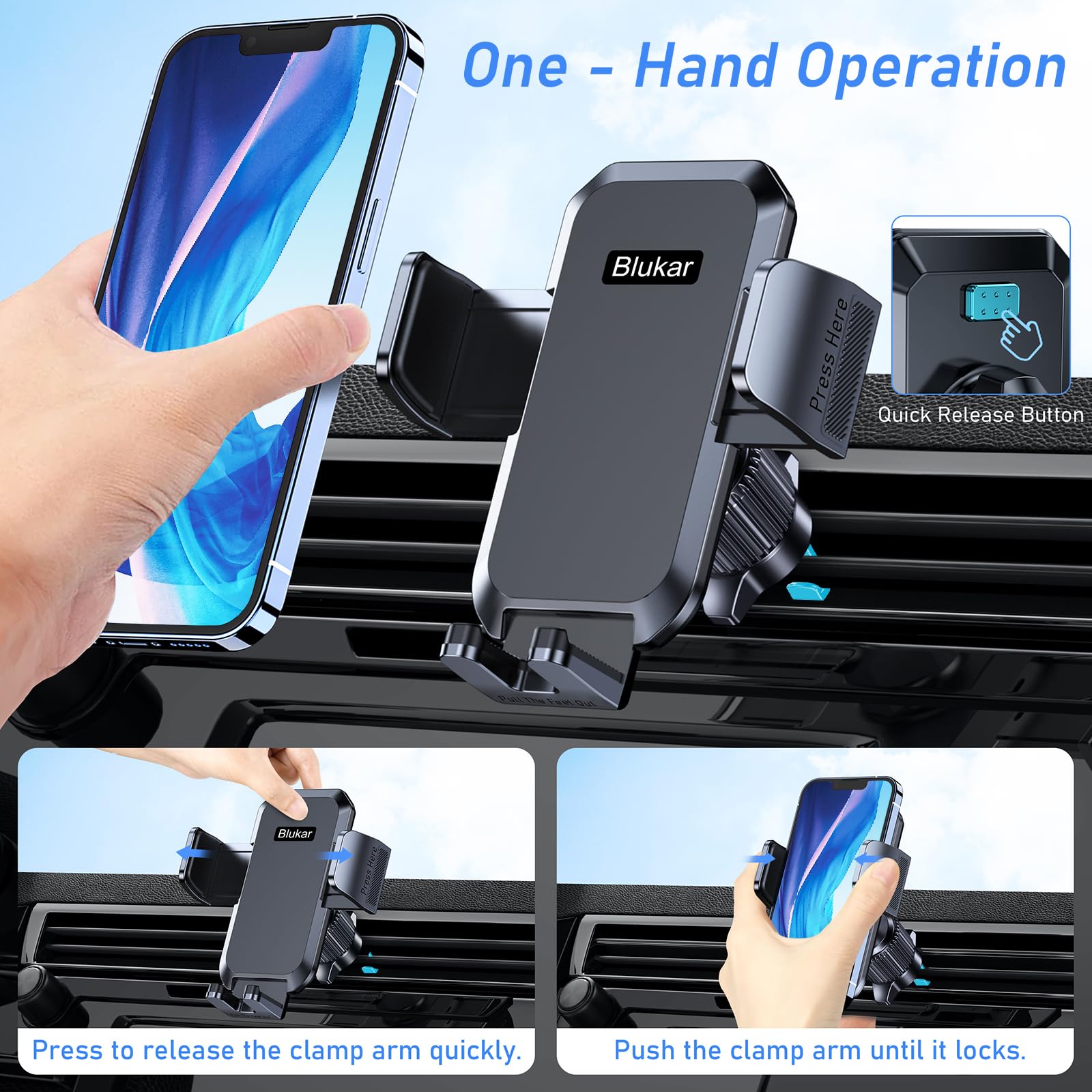 Blukar Phone Holder Car, Air Vent Car Phone Mount with Upgraded Ultra Stable Hook Clip, 360° Rotation, One Button Release Cellphone Holder for iPhone, Google, Galaxy and All Mobile Phones - Available at All In One Marketplace Canada