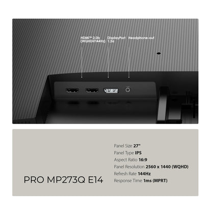 msi PRO MP273Q E14 27-inch IPS 2560 x 1440 (QHD) Computer Monitor, 144Hz,Adaptive-Synch, HDMI, DP Port, VESA Mountable, Tilt, Speaker, 1ms, Black
