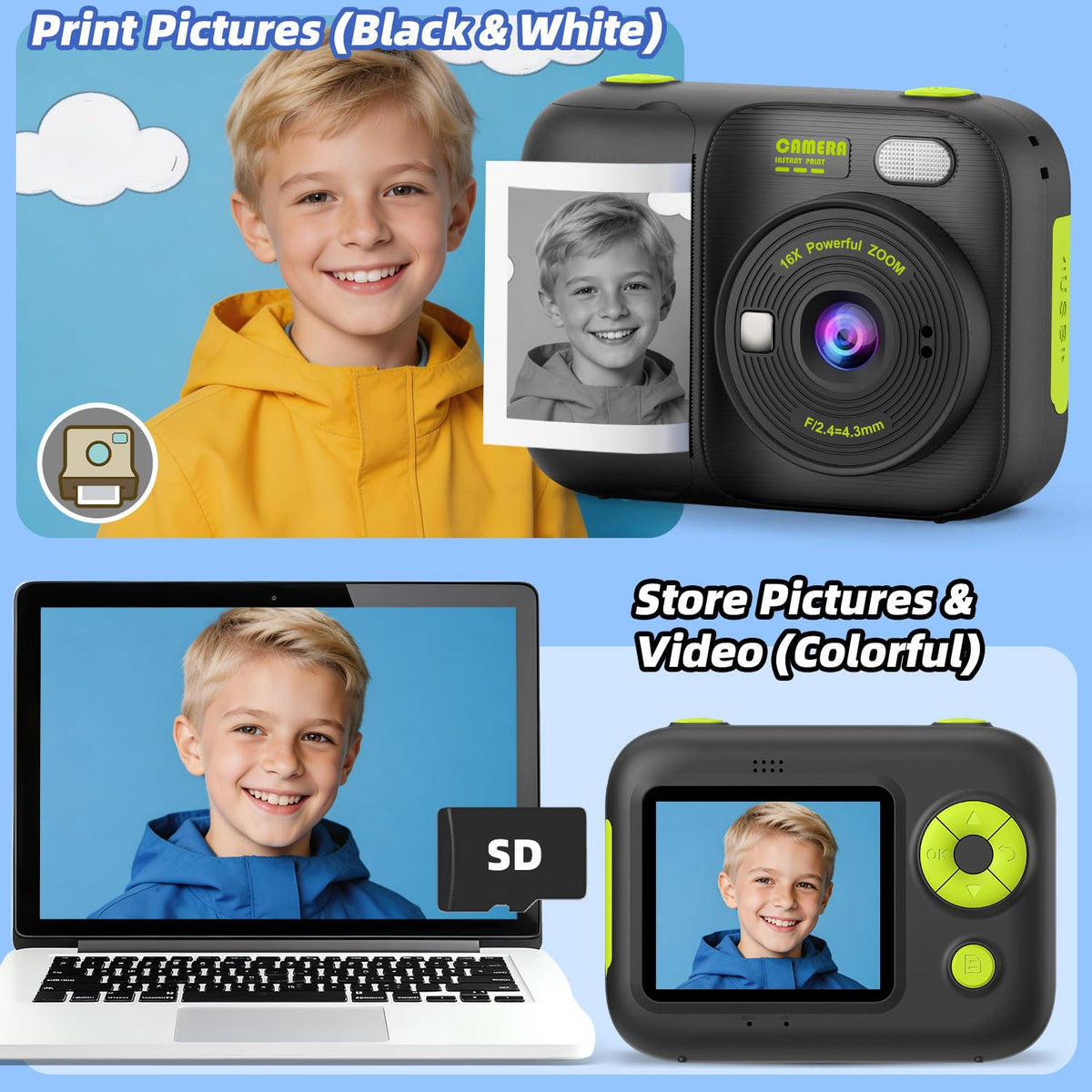 Kids Instant Print Camera with 5 Rolls Print Paper, 1080P HD Camera, Rechargeable Portable Toddler Selfie Camera, Christmas Birthday Gifts Toys for Boys Girls Age 3-12 🍁 All In One Marketplace Canada