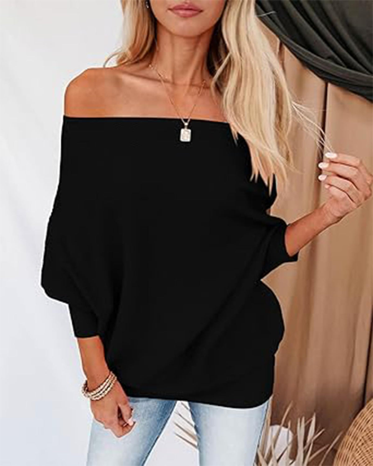BTFBM Off The Shoulder Tops for Women Loose Knit Boat Neck Sweaters Black 🍁 All In One Marketplace Canada
