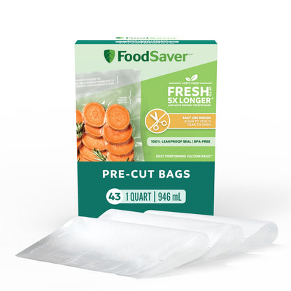 FoodSaver Quart Pre-Cut Vacuum Seal Bags (946 mL), Easy Use, Align to Seal and Tear to Open Vacuum Sealer Food Storage Bags, 43 Pack FOODSAVER