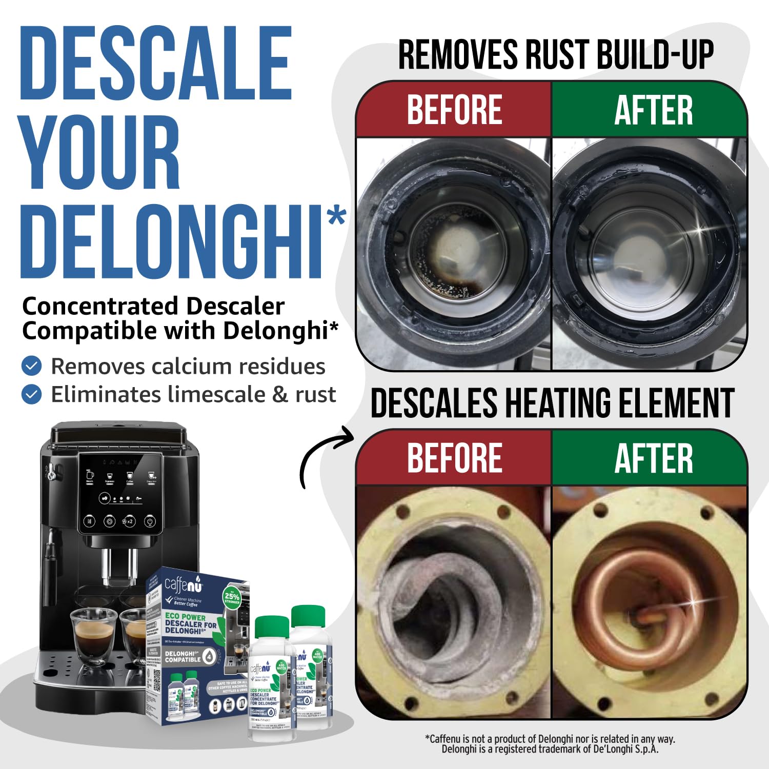 Delonghi Compatible Descaling Solution. 2 Bottles of Descaler Solution. Descaling Kit Removes Limescale For Hotter Coffee. 4 Uses Descaler For Delonghi Coffee Machines. - Available at All In One Marketplace Canada