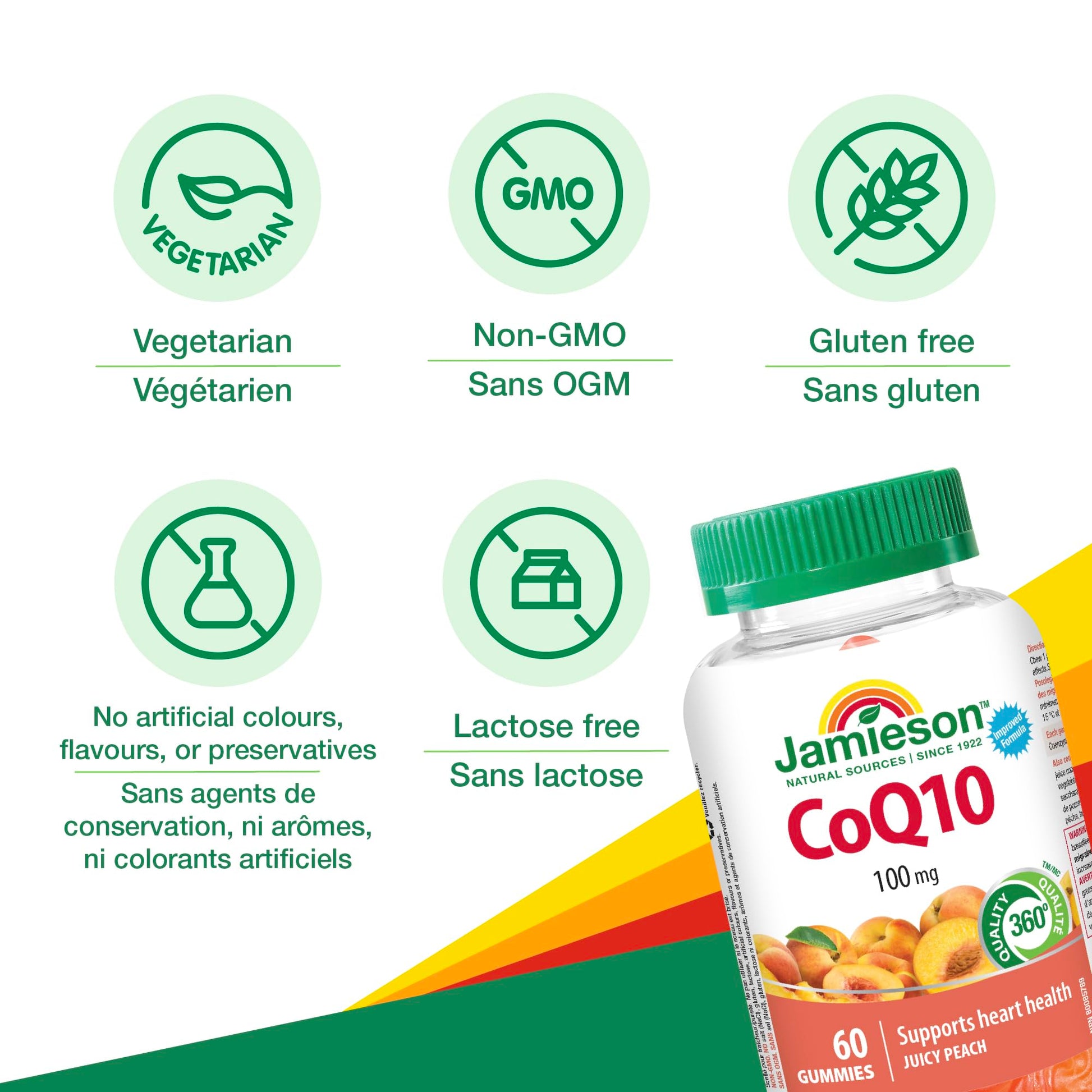 Jamieson CoQ10 Gummy, 100 mg, 60 Juicy Peach Flavoured Gummies. Supports Heart Health and Reduces Frequency of Migraines. Vegetarian, No Artificial Colours, Flavours, or Preservatives - Available at All In One Marketplace Canada