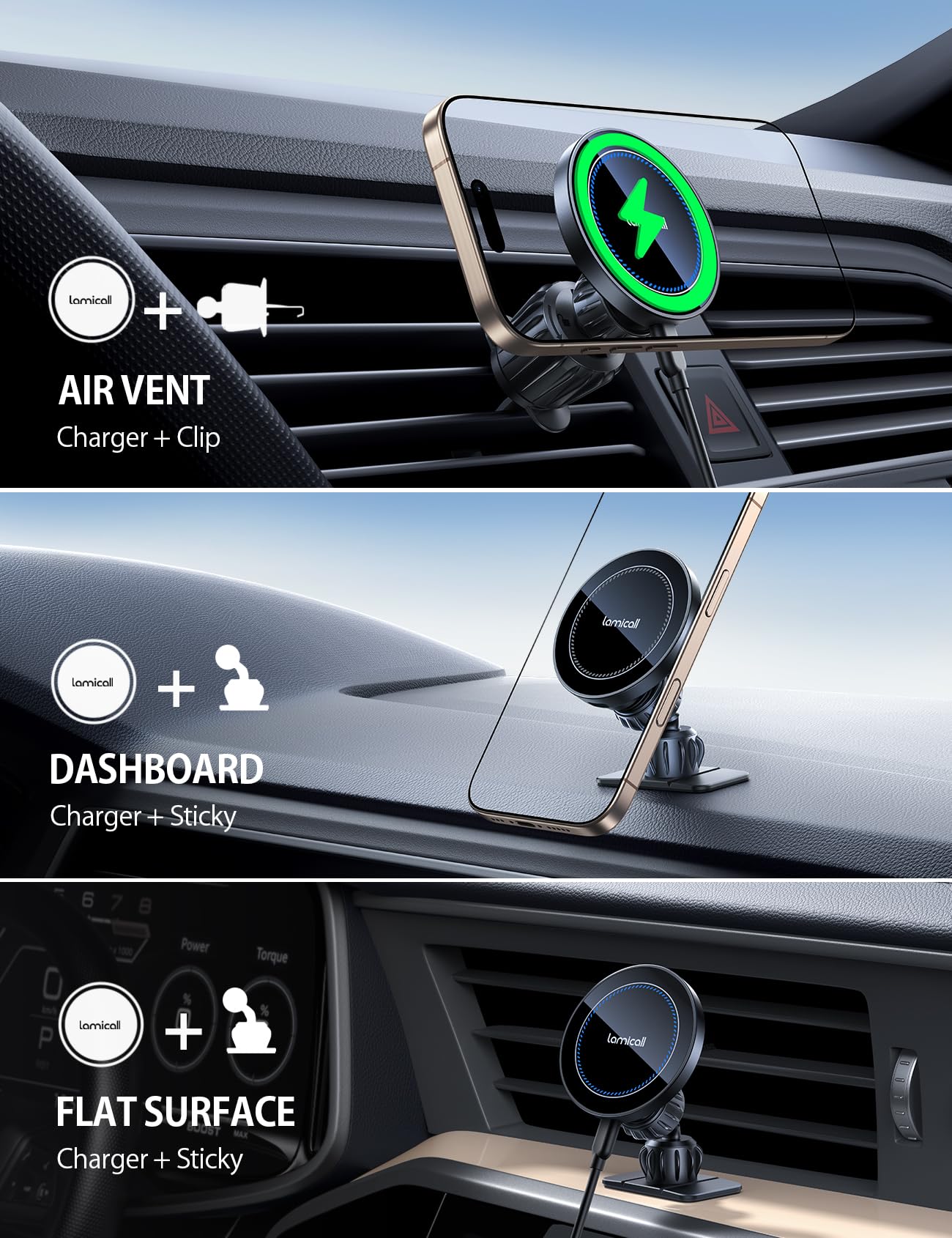 Lamicall 15W for Magsafe Car Mount Charger - Wireless Vent & Dashboard Magnetic Phone Holder Charger Mount, for iPhone 17, 17 Pro, 17 Pro Max, iPhone 16 15 14 for MagSafe Accessories, Car Accessories