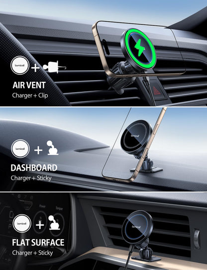 Lamicall 15W for Magsafe Car Mount Charger - Wireless Vent & Dashboard Magnetic Phone Holder Charger Mount, for iPhone 17, 17 Pro, 17 Pro Max, iPhone 16 15 14 for MagSafe Accessories, Car Accessories