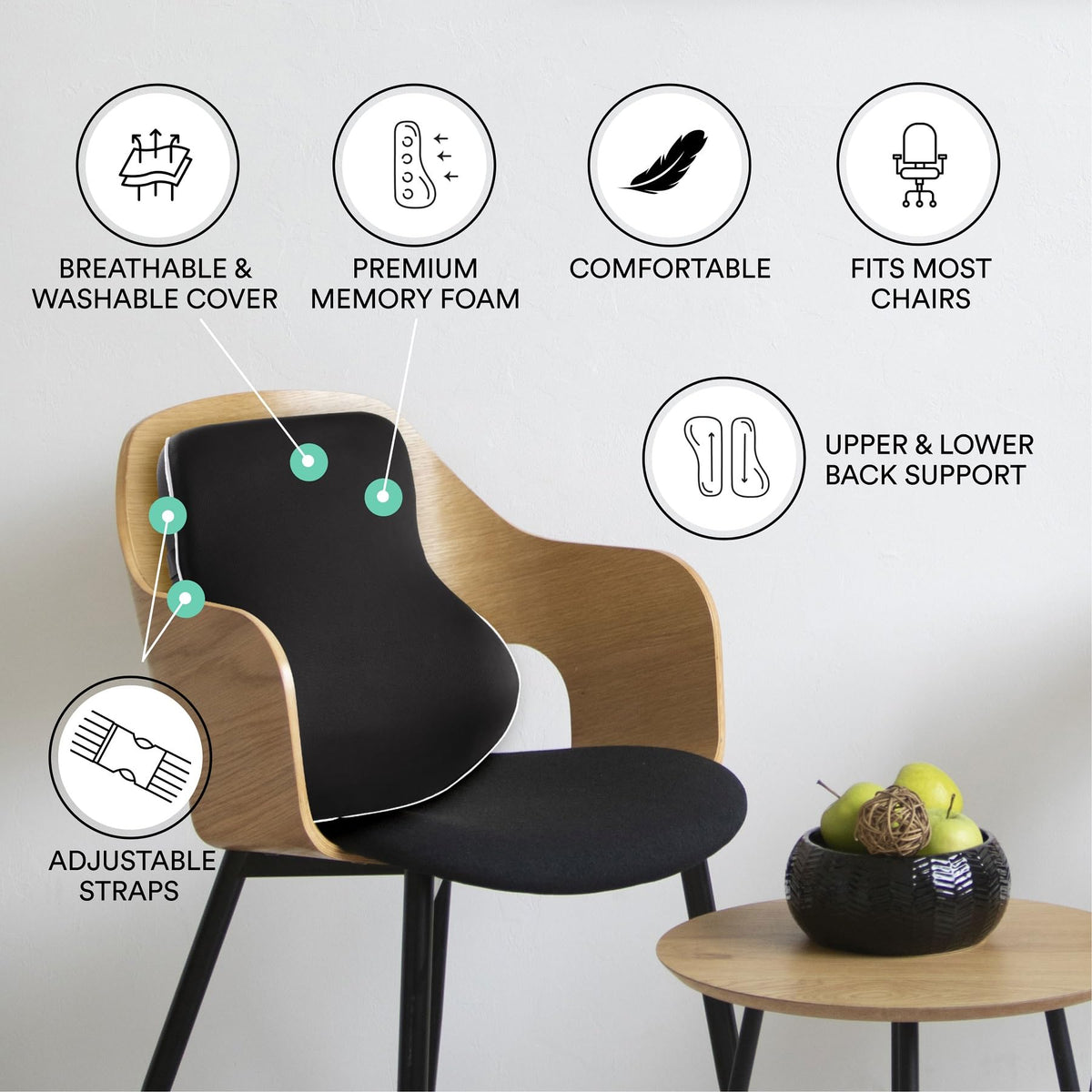 Coussin lombaire en mousse à mémoire de forme ObusForme – Support à double sangle pour chaise de bureau, siège de voiture et chaise de jeu, housse respirante et lavable, design réversible pour le bas et le haut du dos, noir