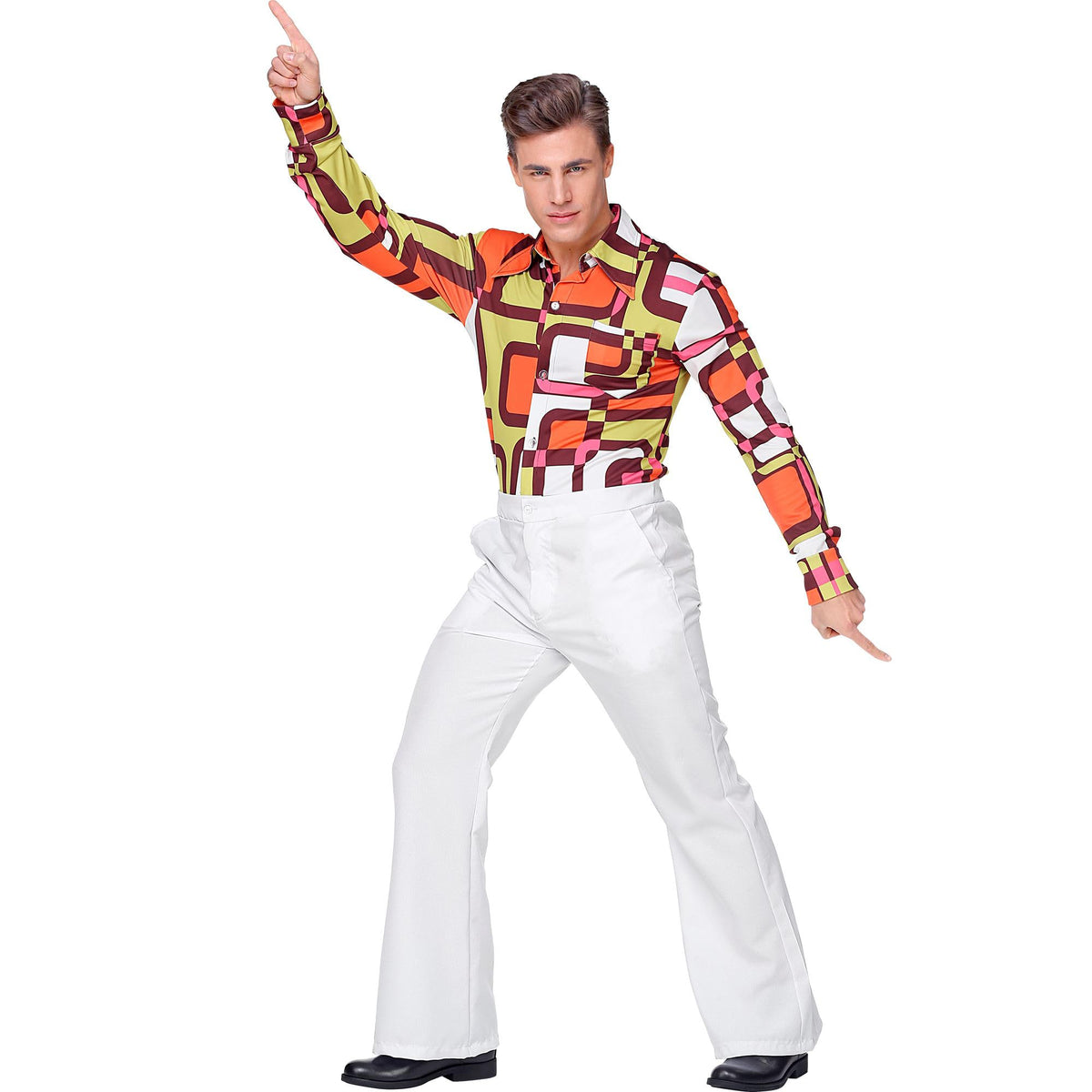 Pantalon patte d'eph rétro style années 70 groovy Widmann, unisexe adulte, coupe disco large en tissu confortable, idéal pour Halloween, carnaval et fêtes à thème - Blanc - L/XL
