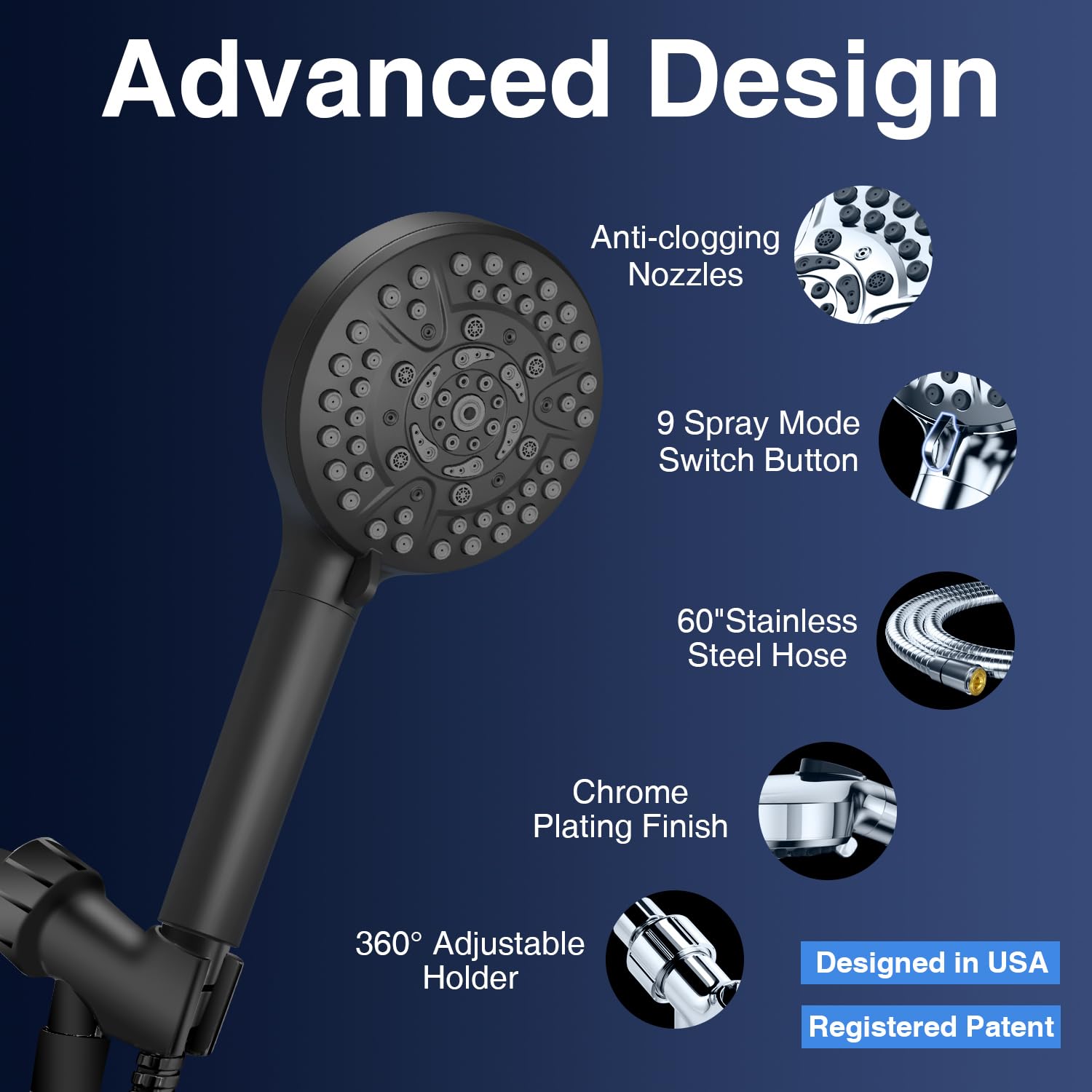 High Pressure 10-Mode Handheld Shower Head - Built in Power Wash for Clean, Replaceable Filter Soften Hard Water Remove Chlorine, 60 Inches Hose, Overhead Bracket, Anti-Clog Nozzle (Matte Black)
