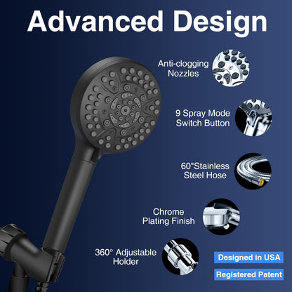 High Pressure 10-Mode Handheld Shower Head - Built in Power Wash for Clean, Replaceable Filter Soften Hard Water Remove Chlorine, 60 Inches Hose, Overhead Bracket, Anti-Clog Nozzle (Matte Black)