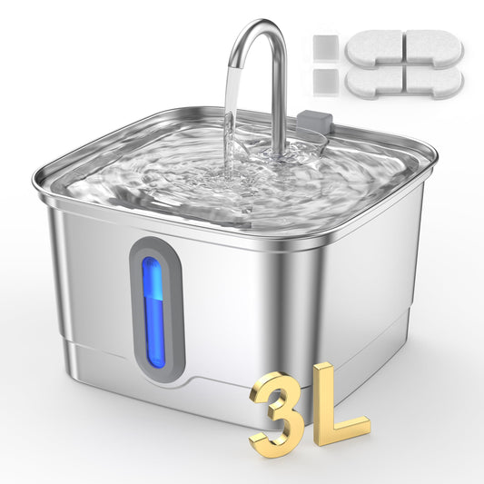 Cat Water Fountain Stainless Steel:101oz/3L Water Fountains for Cats Indoor,Cats-Quiet Automatic Cat Fountain-Pet Drinking Fountains for Pets and Dog Small Animals(3L with 2 Filters and 2 Sponges) - Available at All In One Marketplace Canada