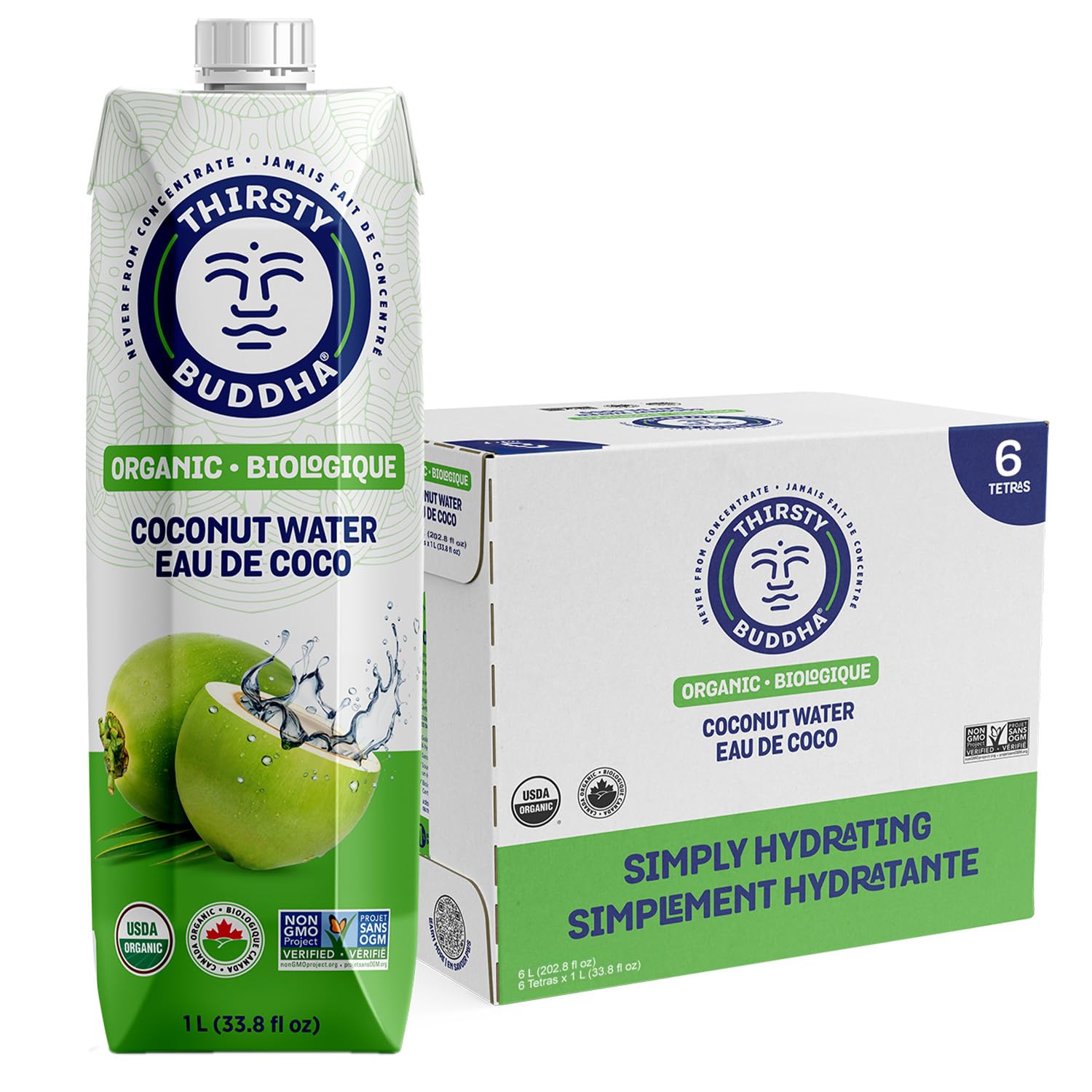 Thirsty Buddha Organic Coconut Water - Electrolyte-Packed Natural Hydration, No Added Sugar, 6-Pack (6 x 1L)