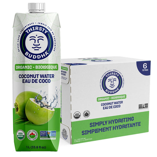 Thirsty Buddha Organic Coconut Water - Electrolyte-Packed Natural Hydration, No Added Sugar, 6-Pack (6 x 1L)