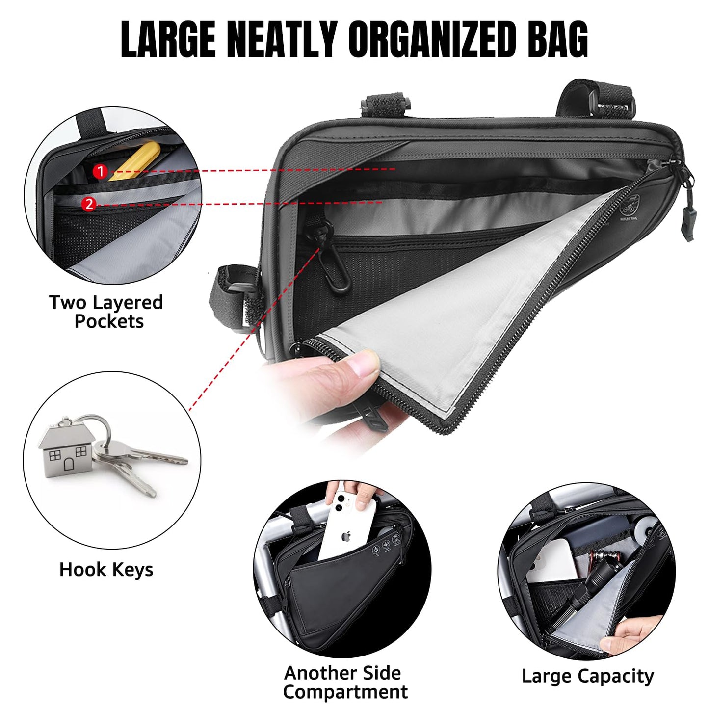 WOTOW Bike Frame Storage Bag, Water Resistant Cycling Reflective Triangle Handlebar Top Tube Bag Under Seat Pouch Strap-On Adjustable Install Position Tool Accessories Pack for Mountain Road Bike - Available at All In One Marketplace Canada