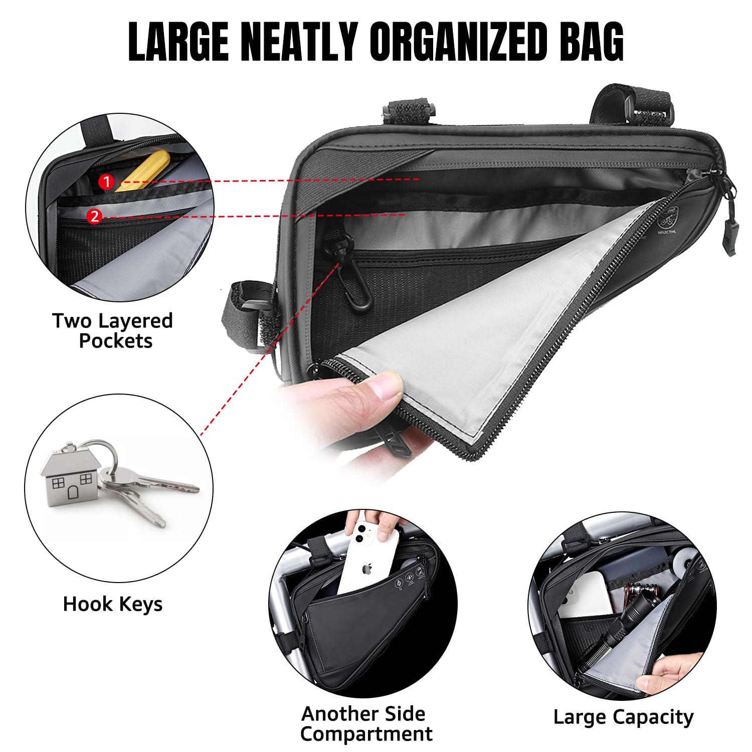 WOTOW Bike Frame Storage Bag, Water Resistant Cycling Reflective Triangle Handlebar Top Tube Bag Under Seat Pouch Strap-On Adjustable Install Position Tool Accessories Pack for Mountain Road Bike - Available at All In One Marketplace Canada