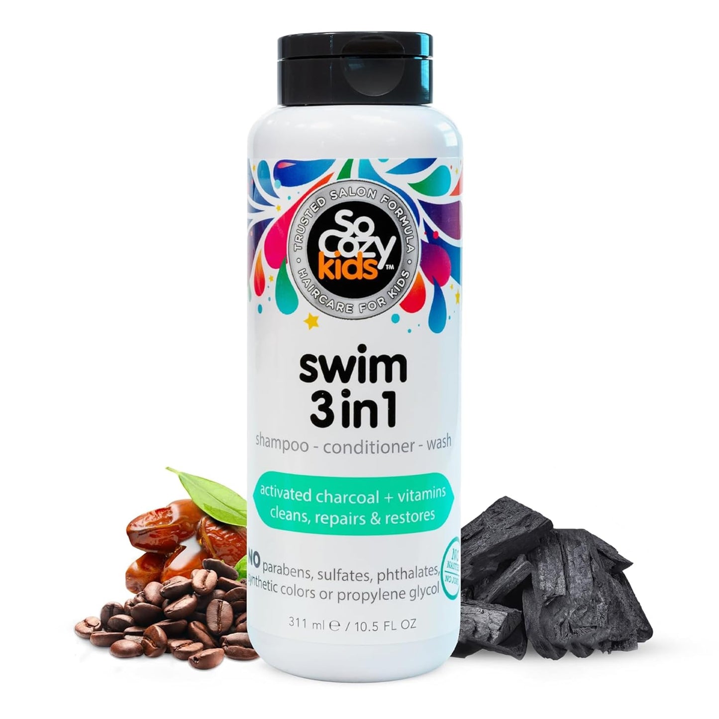 SoCozy Kids Swim 3-in-1 Shampoo, Conditioner & Body Wash - 3-in-1 Combo Pool Shampoo & Conditioner for Swimmers - Salt & Chlorine Removing Activated Charcoal for Toddler & Kids Hair After Swimming