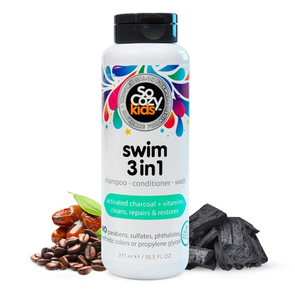 SoCozy Kids Swim 3-in-1 Shampoo, Conditioner & Body Wash - 3-in-1 Combo Pool Shampoo & Conditioner for Swimmers - Salt & Chlorine Removing Activated Charcoal for Toddler & Kids Hair After Swimming