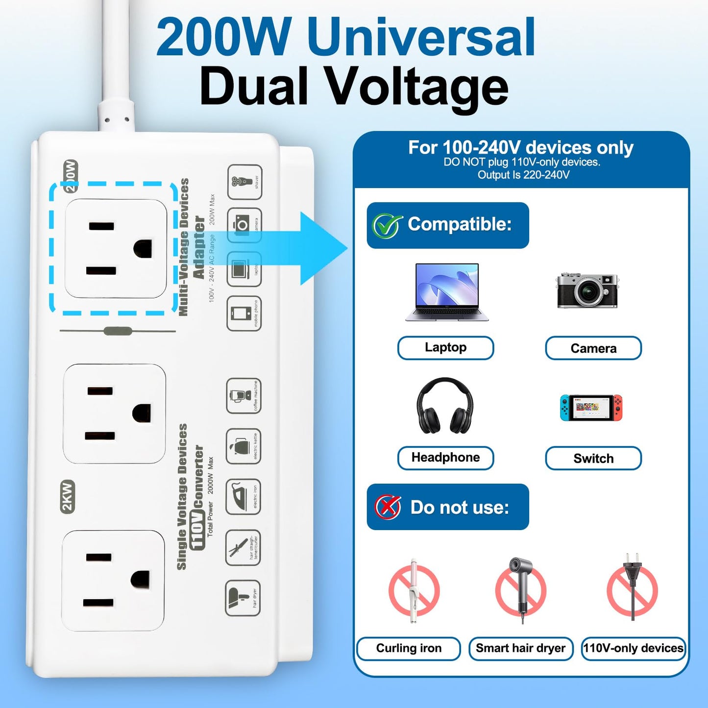 220v to 110v Travel Voltage Converter: International Universal Voltage Converter US to Europe Power Strip Plug Transformer - 2000W Electric Hair Dryer Step Down Outlet Converters for European UK EU