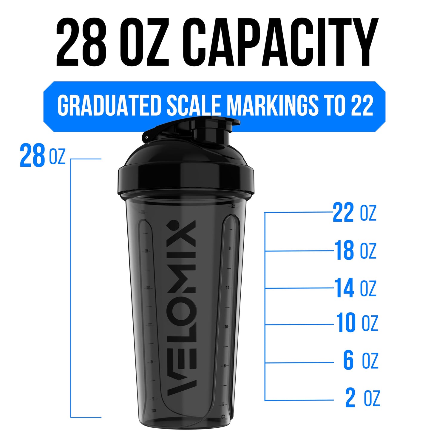 VELOMIX -2 Pack- 28 oz Protein Shaker Bottles for Protein Mixes - 2x Wire Whisk | Leak Proof Shaker Cups for Protein Shakes | Protein Shaker Bottle Pack | Shakers (Transparent & Black - 28oz)
