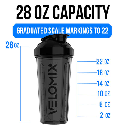 VELOMIX -2 Pack- 28 oz Protein Shaker Bottles for Protein Mixes - 2x Wire Whisk | Leak Proof Shaker Cups for Protein Shakes | Protein Shaker Bottle Pack | Shakers (Transparent & Black - 28oz)
