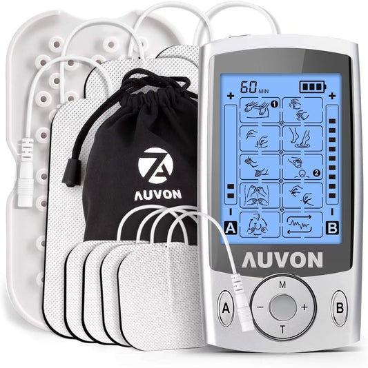 AUVON Dual Channel TENS Unit Muscle Stimulator Machine with 20 Modes, 2" and 2"x4" TENS Unit Electrode Pads - Available at All In One Marketplace Canada