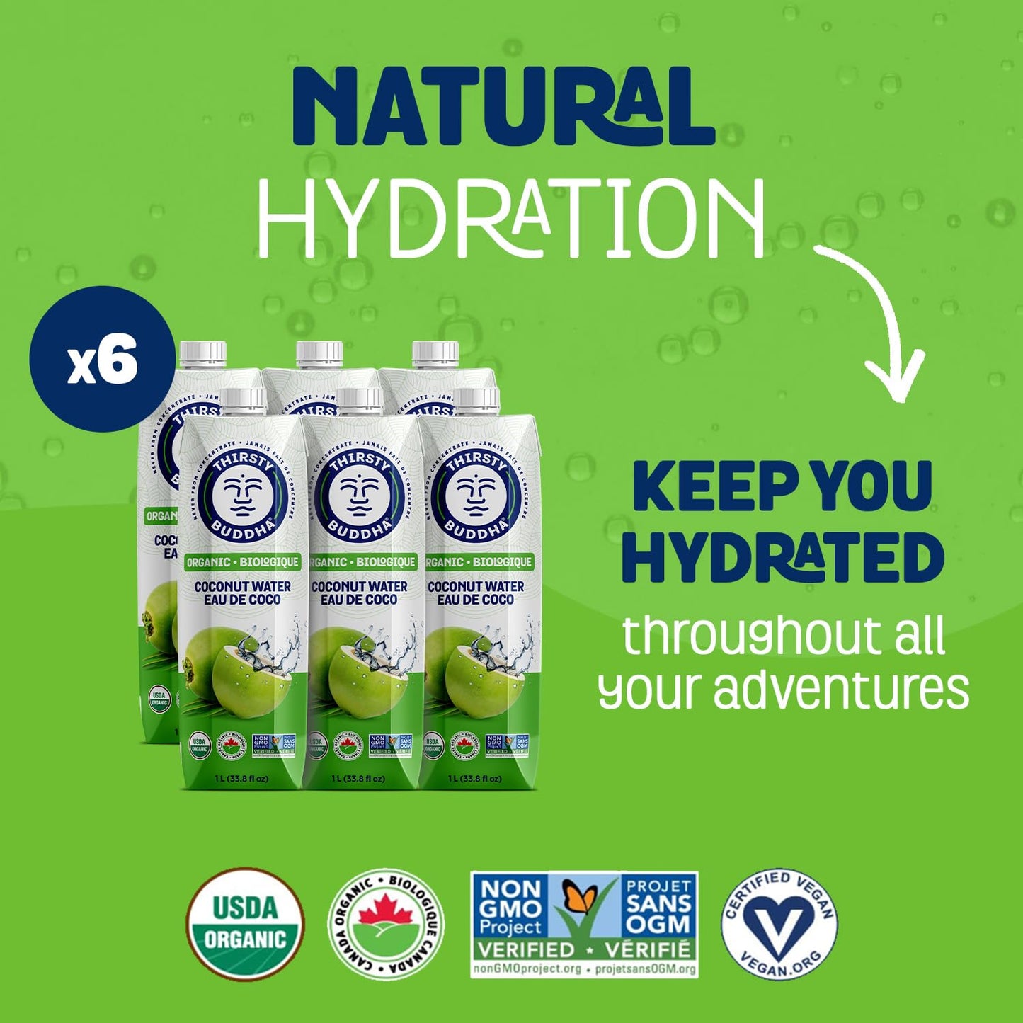Thirsty Buddha Organic Coconut Water - Electrolyte-Packed Natural Hydration, No Added Sugar, 6-Pack (6 x 1L)
