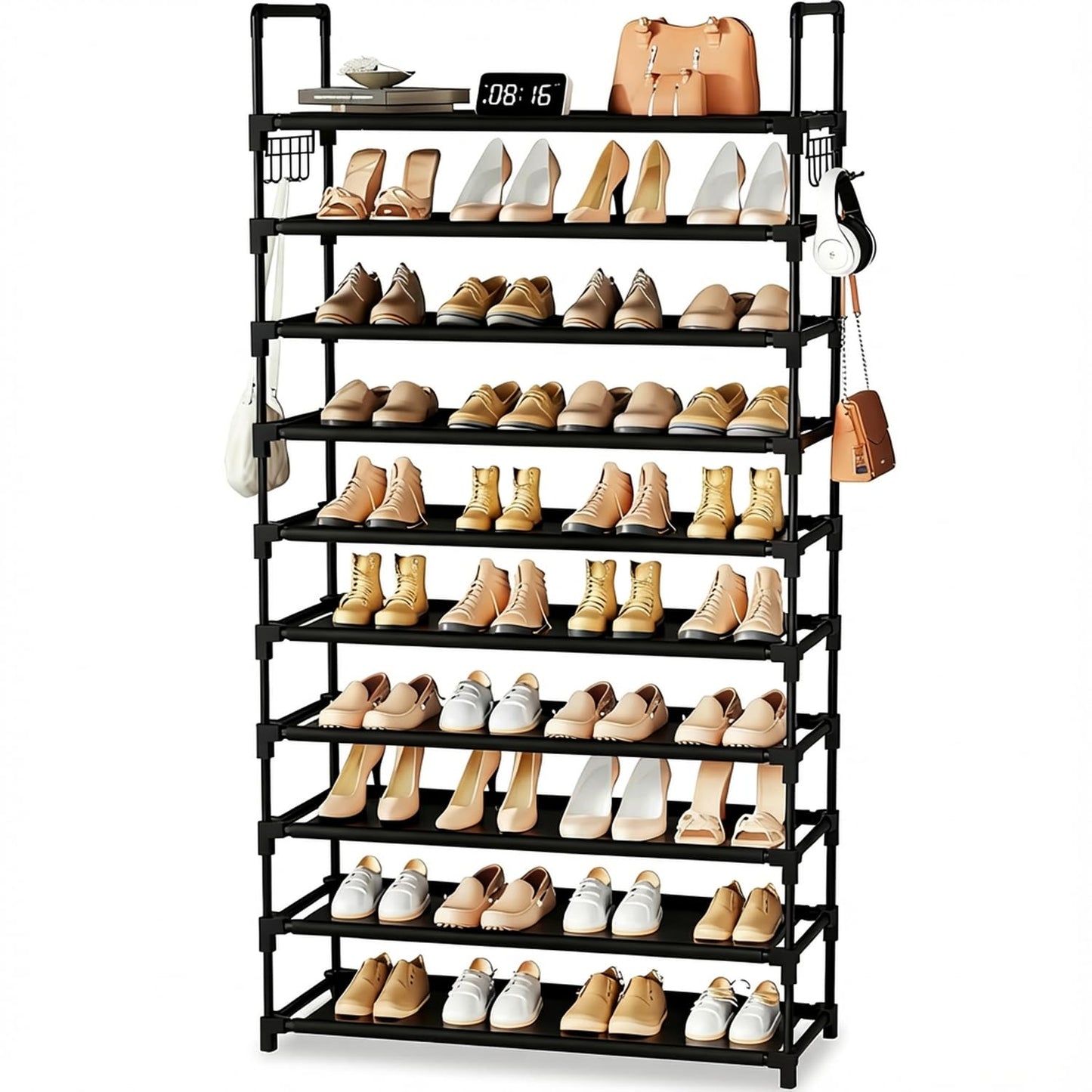 10 Tier Shoe Rack, Large Capacity Tall Shoe Storage Organizer Holds 50-55 Pairs Shoes and Boots, Vertical Shoe Shelf Cabinet with Versatile Hooks for Closet Entryway Garage Bedroom - Available at All In One Marketplace Canada