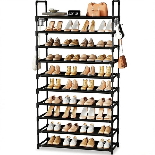 10 Tier Shoe Rack, Large Capacity Tall Shoe Storage Organizer Holds 50-55 Pairs Shoes and Boots, Vertical Shoe Shelf Cabinet with Versatile Hooks for Closet Entryway Garage Bedroom - Available at All In One Marketplace Canada
