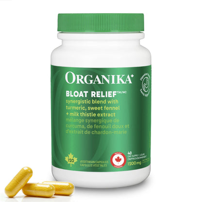 Organika Canadian-Made Bloat Relief- Helps Relieve Bloating and Flatulence- Herbal Blend of Sweet Fennel, Turmeric, and Milk Thistle- Digestive Support- 120vcaps Organika