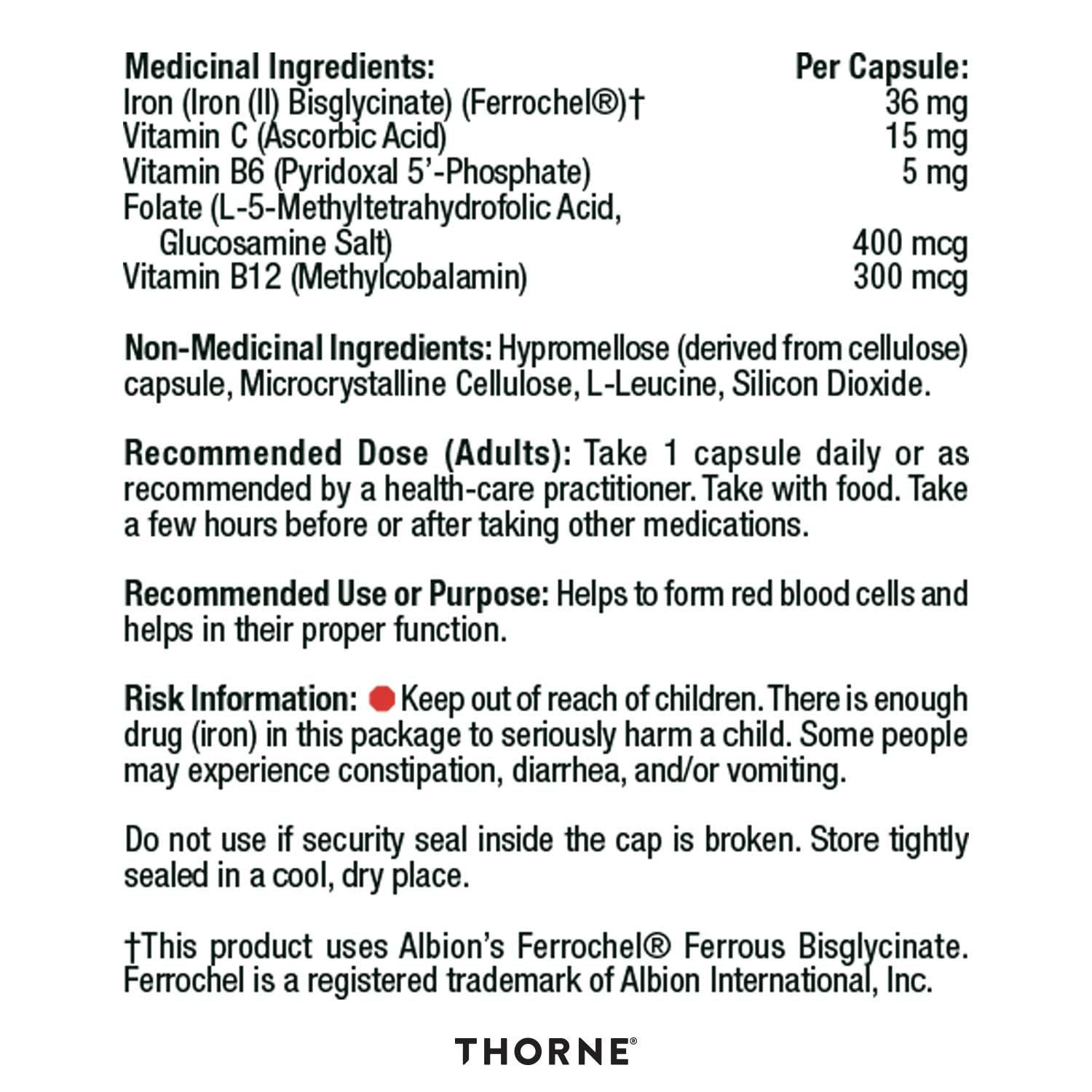 Thorne Ferrasorb - Complete Blood Support Formula with Iron, Folate, and B vitamins - 60 Capsules - 60 Servings - Available at All In One Marketplace Canada