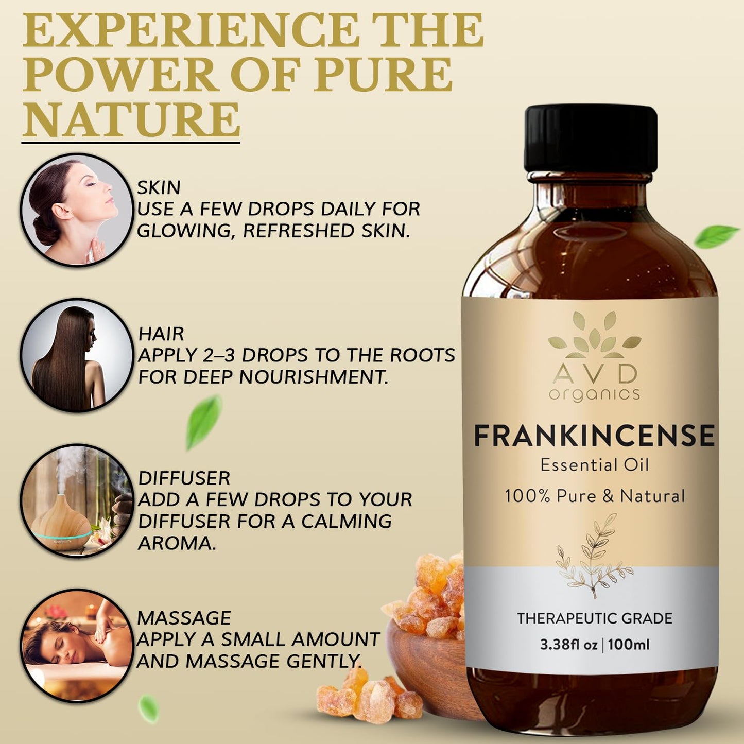 AVD Organics Frankincense Essential Oil 100ml | 100% Pure & Natural Frankincense Oil for Face, Hair | Woody & Earthy Aroma for Diffusers, Soaps & Candles | 3.38 fl. oz