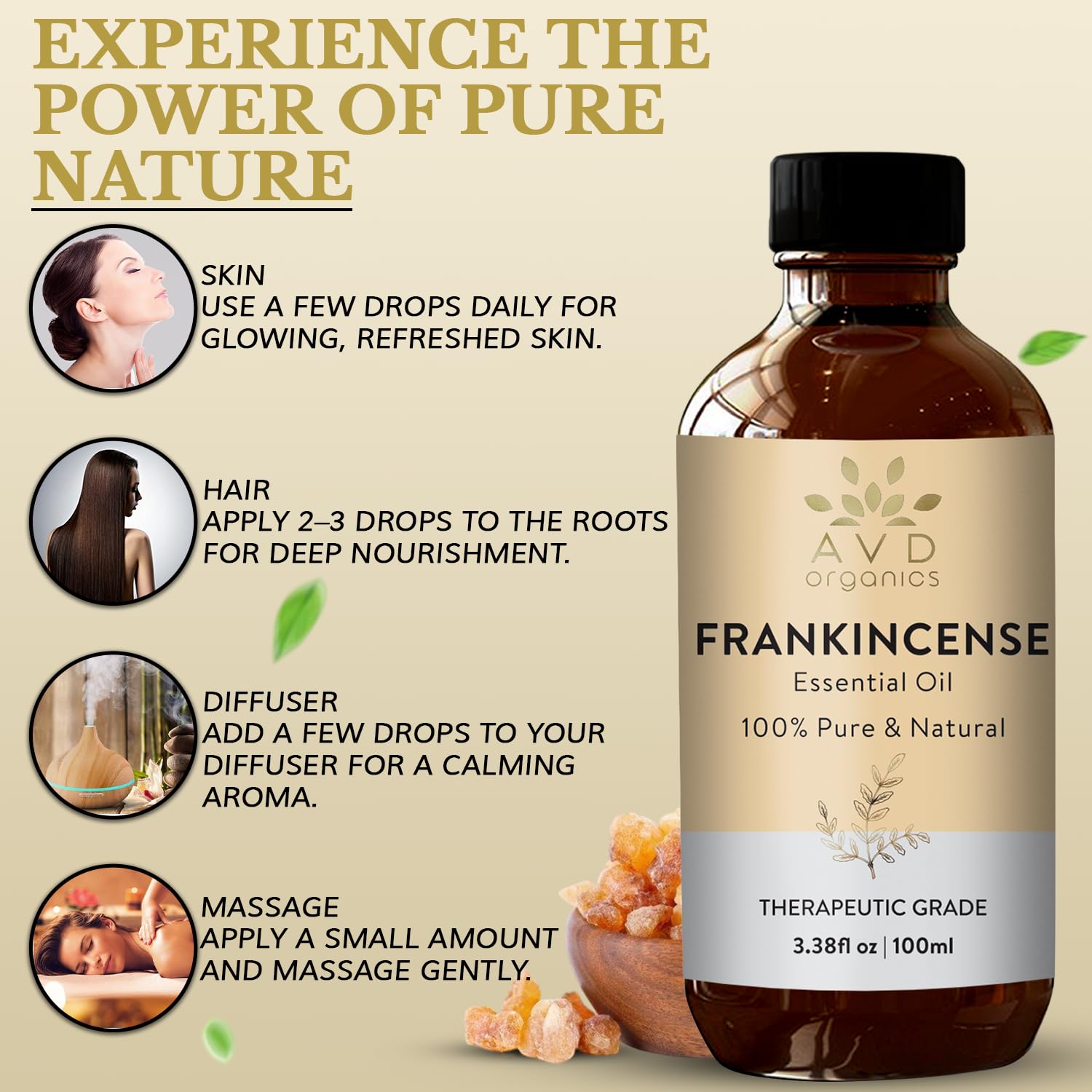 AVD Organics Frankincense Essential Oil 100ml | 100% Pure & Natural Frankincense Oil for Face, Hair | Woody & Earthy Aroma for Diffusers, Soaps & Candles | 3.38 fl. oz