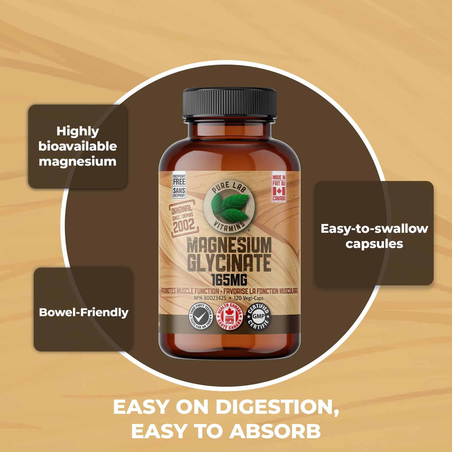Pure Lab Vitamins Magnesium Glycinate 165mg – 120 vegicaps - Supports Muscle Function - Available at All In One Marketplace Canada
