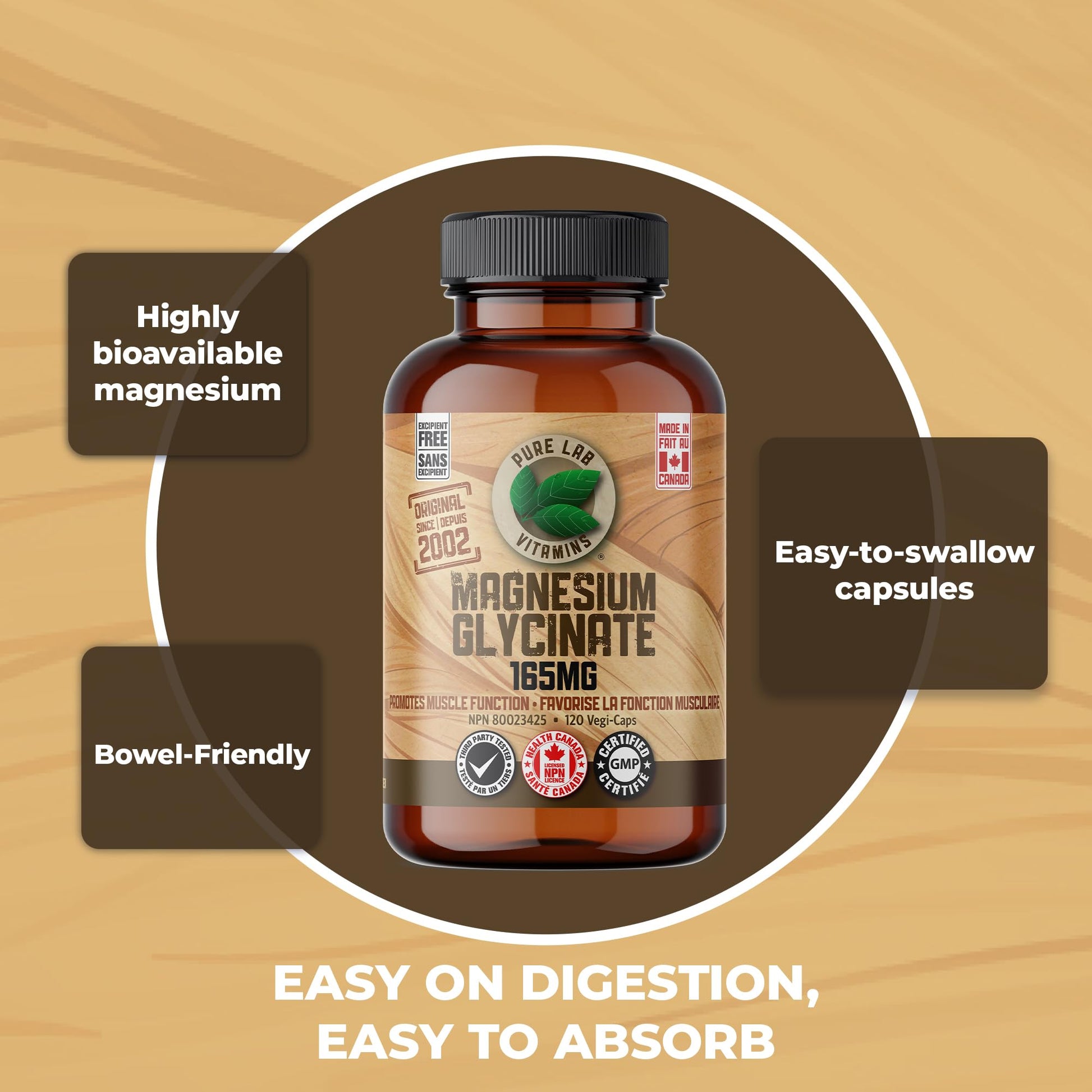 Pure Lab Vitamins Magnesium Glycinate 165mg – 120 vegicaps - Supports Muscle Function - Available at All In One Marketplace Canada