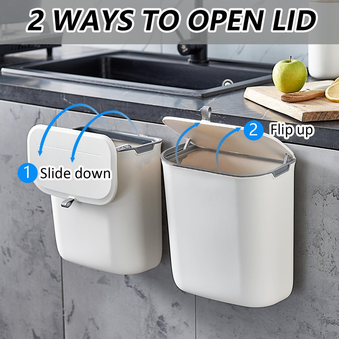 ELPHECO Compost Bin, 2.5 Gallon Hanging Trash Can with Lid, Kitchen Cabinet Door Under Sink Plastic Garbage Can Wall Mounted Slide Open, White - Available at All In One Marketplace Canada