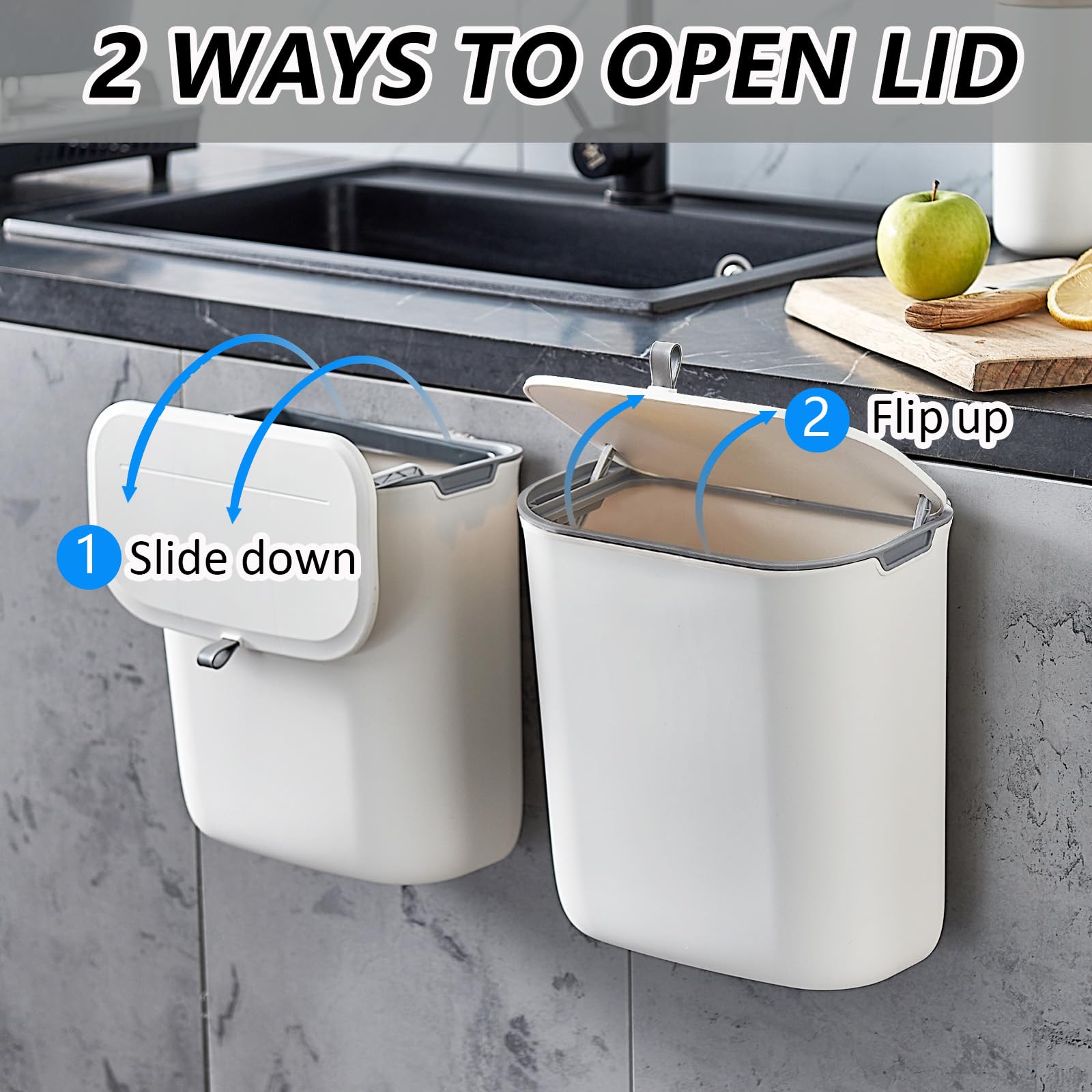 ELPHECO Compost Bin, 2.5 Gallon Hanging Trash Can with Lid, Kitchen Cabinet Door Under Sink Plastic Garbage Can Wall Mounted Slide Open, White - Available at All In One Marketplace Canada