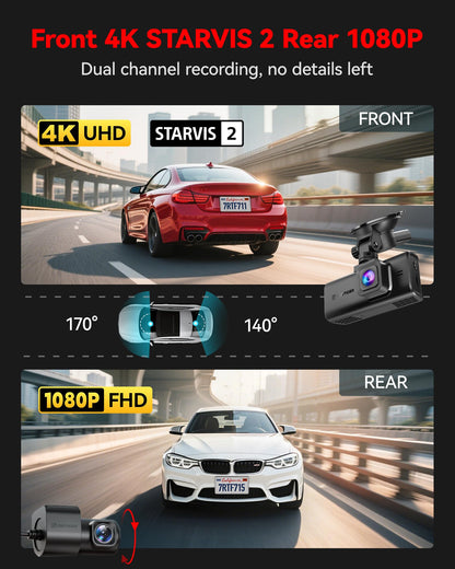 REDTIGER 4K Dash Cam Front and Rear, STARVIS 2 Sensor, Touch Screen 3.18", Voice Control, 20MB/s 5.8GHz WiFi 6 Car DashCam with 128GB Card, GPS, Night Vision, Emergency Lock, Parking Mode(F7N Touch)