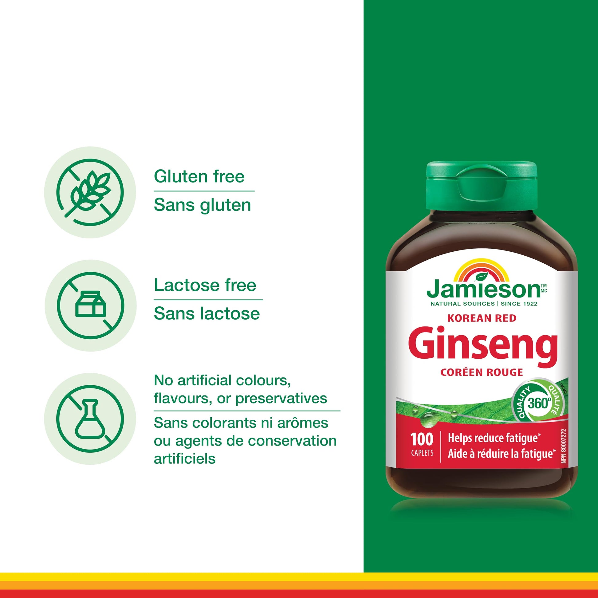 Jamieson Korean Red Ginseng, Panax Ginseng, 100 Caplets, Stress Support, Reduces Fatigue, Boosts Cognitive Health, Helps Enhance Physical Performance. Non-GMO, Proudly Canadian - Available at All In One Marketplace Canada