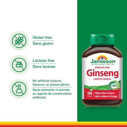 Jamieson Korean Red Ginseng, Panax Ginseng, 100 Caplets, Stress Support, Reduces Fatigue, Boosts Cognitive Health, Helps Enhance Physical Performance. Non-GMO, Proudly Canadian - Available at All In One Marketplace Canada