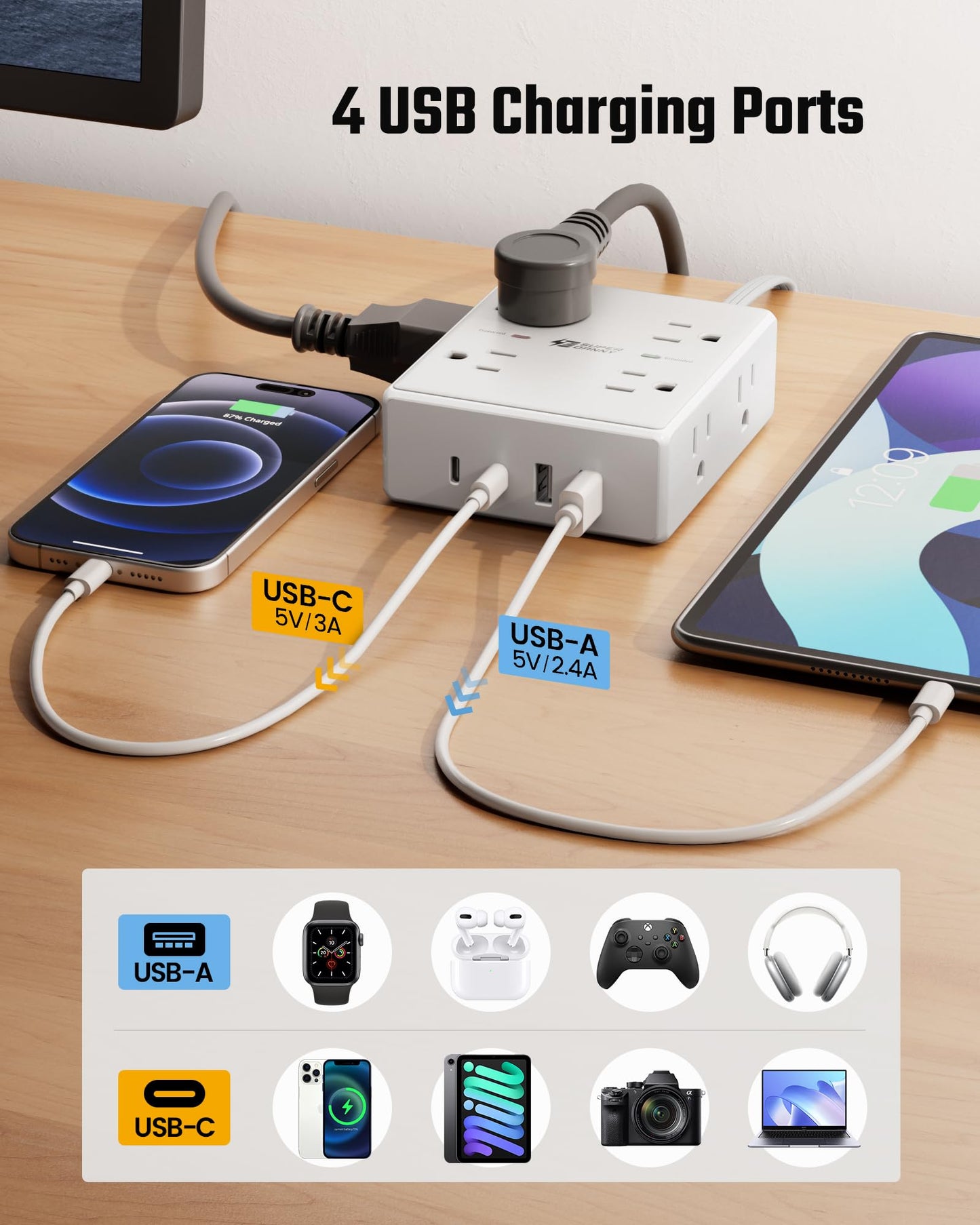 Surge Protector Power Bar, SUPERDANNY 10 Ft Extension Cord with 8 Outlets & 4USB Ports (2 USB 2 C), Mountable Flat Plug Power Strip, Surge Protection for Home, Office, Dorm