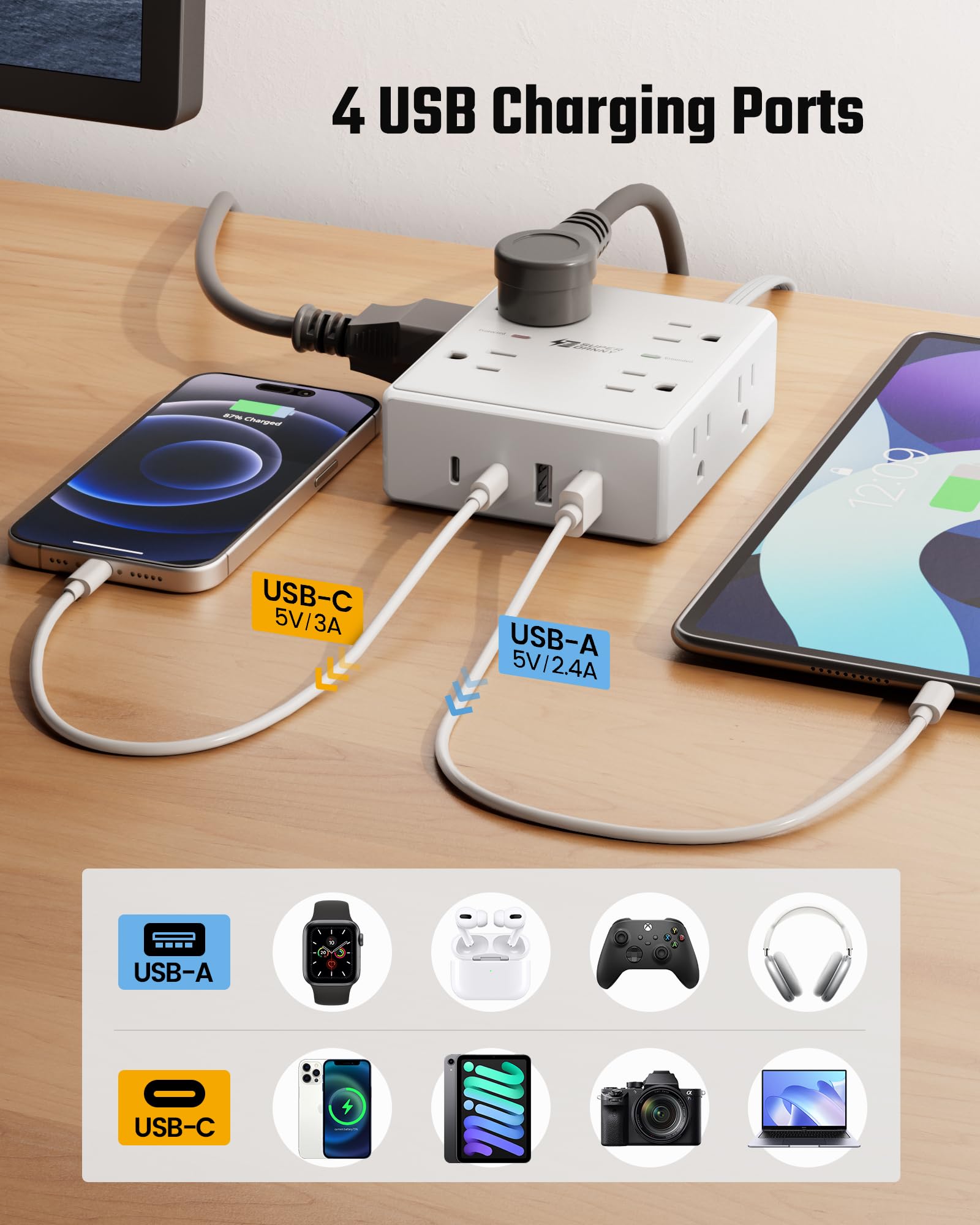 Surge Protector Power Bar, SUPERDANNY 10 Ft Extension Cord with 8 Outlets & 4USB Ports (2 USB 2 C), Mountable Flat Plug Power Strip, Surge Protection for Home, Office, Dorm