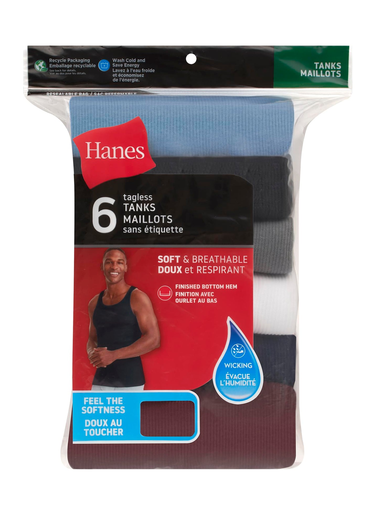 Hanes Men’s Ribbed Tank, Cotton Undershirt Tank, 6-Pack, Assorted, Size Medium