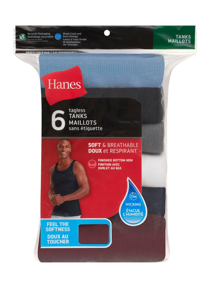 Hanes Men’s Ribbed Tank, Cotton Undershirt Tank, 6-Pack, Assorted, Size Medium