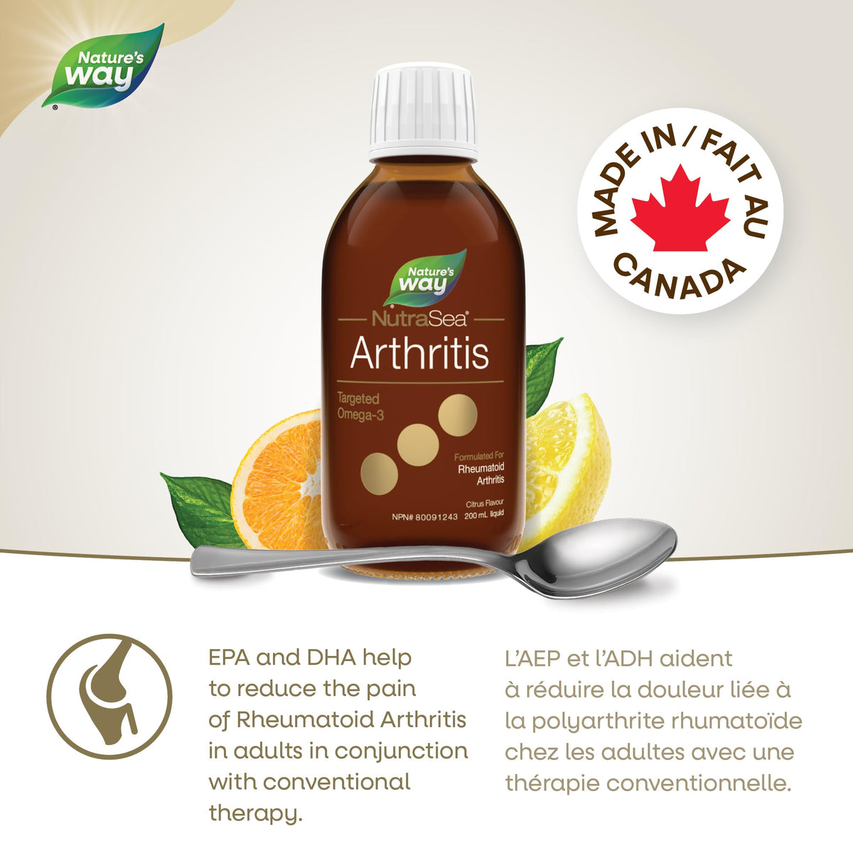 Nature's Way NutraSea Omega-3 - Arthritis - Rheumatoid Arthritis Support 2800mg (1800 mg EPA, 1000 mg DHA), Citrus Flavour, 200ml Liquid